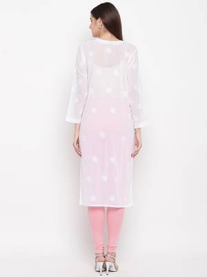 Hand Embroidered White Georgette Lucknow Chikankari Kurta With Slip 2