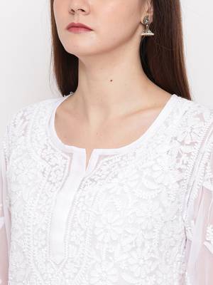 Hand Embroidered White Georgette Lucknow Chikankari Kurta With Slip 5