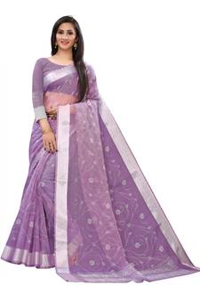 Purple Printed Cotton Saree With Blouse