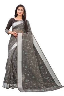 Grey Printed Cotton Saree With Blouse