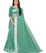 Sea Green Printed Cotton Saree With Blouse