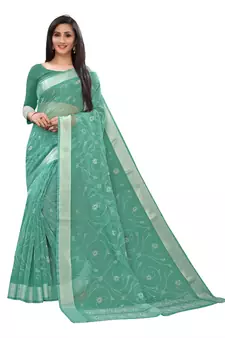 Sea Green Printed Cotton Saree With Blouse
