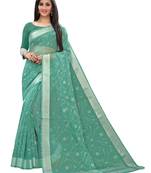 Sea Green Printed Cotton Saree With Blouse
