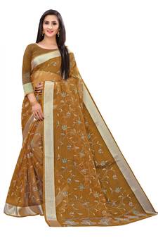 Brown Printed Cotton Saree With Blouse