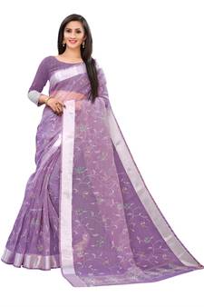 Purple Printed Cotton Saree With Blouse