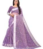 Purple Printed Cotton Saree With Blouse