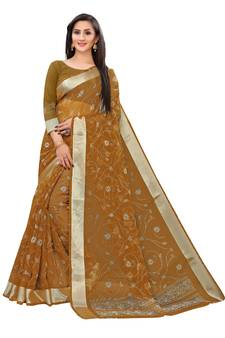 Brown Printed Cotton Saree With Blouse
