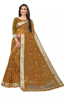 Brown Printed Cotton Saree With Blouse