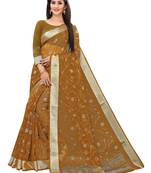 Brown Printed Cotton Saree With Blouse