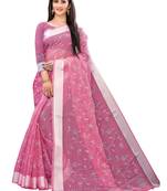 Pink Printed Cotton Saree With Blouse