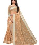 Beige Printed Cotton Saree With Blouse