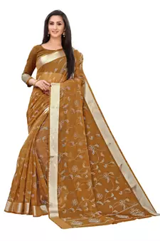 Brown Printed Cotton Saree With Blouse