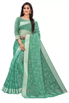 Sea Green Printed Cotton Saree With Blouse