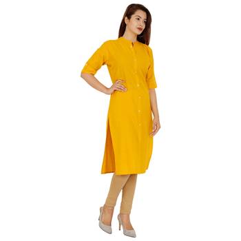 Mustard plain cotton kurtas-and-kurtis 4
