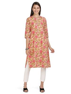 Floral Print & Gota Patti Straight Cotton Peach Kurti 1