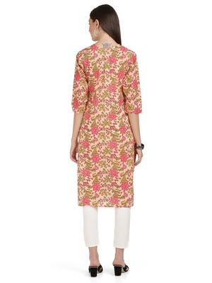 Floral Print & Gota Patti Straight Cotton Peach Kurti 2