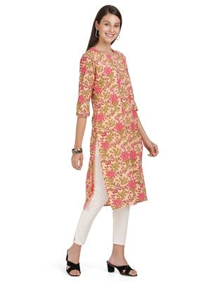 Floral Print & Gota Patti Straight Cotton Peach Kurti 3