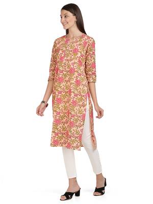 Floral Print & Gota Patti Straight Cotton Peach Kurti 4