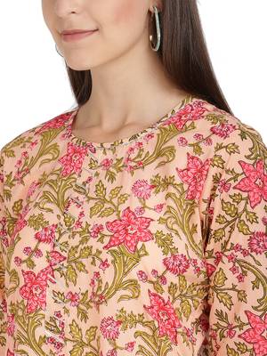 Floral Print & Gota Patti Straight Cotton Peach Kurti 5