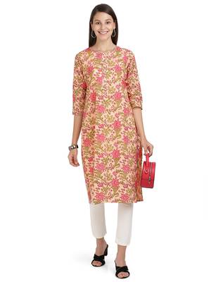 Floral Print & Gota Patti Straight Cotton Peach Kurti 6