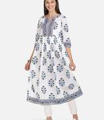 Floral Print Anarkali Cotton White Kurta