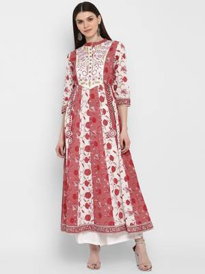 Floral Print & Gota Patti Anarkali Cotton Pink Kurta 1