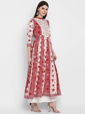 Floral Print & Gota Patti Anarkali Cotton Pink Kurta 4