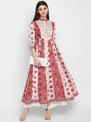 Floral Print & Gota Patti Anarkali Cotton Pink Kurta 6