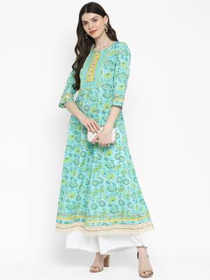 Floral Print & Gota Patti Anarkali Cotton Turquoise Kurta 1