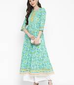 Floral Print & Gota Patti Anarkali Cotton Turquoise Kurta