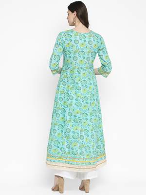 Floral Print & Gota Patti Anarkali Cotton Turquoise Kurta 2
