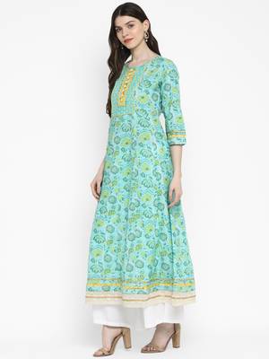Floral Print & Gota Patti Anarkali Cotton Turquoise Kurta 3