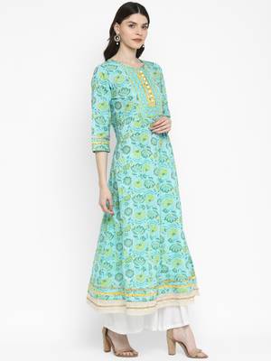 Floral Print & Gota Patti Anarkali Cotton Turquoise Kurta 4