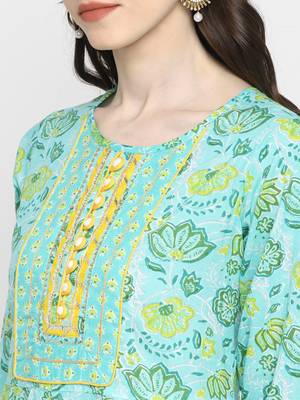 Floral Print & Gota Patti Anarkali Cotton Turquoise Kurta 5