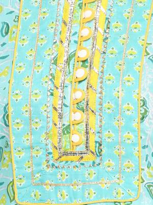 Floral Print & Gota Patti Anarkali Cotton Turquoise Kurta 6