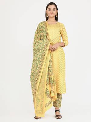 Foil Print & Gota Patti Work Straight Cotton Yellow Kurta,Pant & Dupatta 1