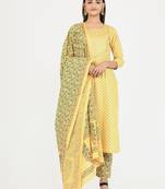 Foil Print & Gota Patti Work Straight Cotton Yellow Kurta,Pant & Dupatta