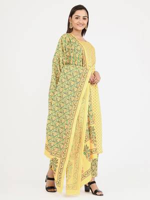 Foil Print & Gota Patti Work Straight Cotton Yellow Kurta,Pant & Dupatta 3