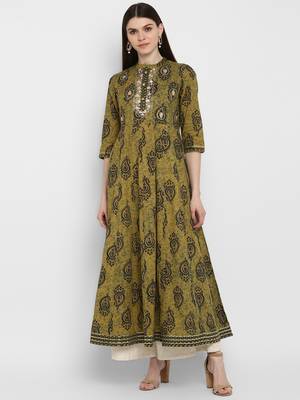 kalamkari print & embroidered Anarkali Cotton Olive Green Kurta 1