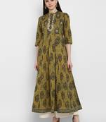 kalamkari print & embroidered Anarkali Cotton Olive Green Kurta
