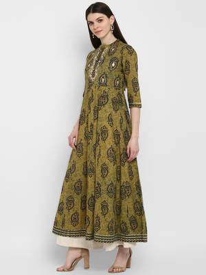 kalamkari print & embroidered Anarkali Cotton Olive Green Kurta 3