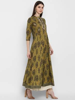 kalamkari print & embroidered Anarkali Cotton Olive Green Kurta 4