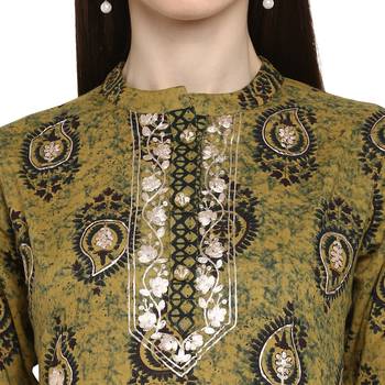 kalamkari print & embroidered Anarkali Cotton Olive Green Kurta 5