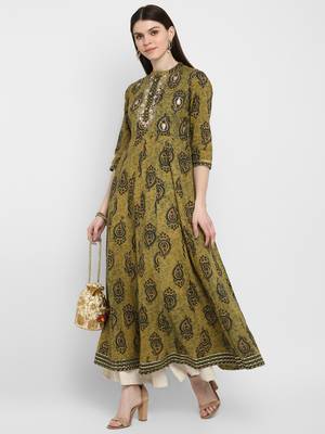 kalamkari print & embroidered Anarkali Cotton Olive Green Kurta 6