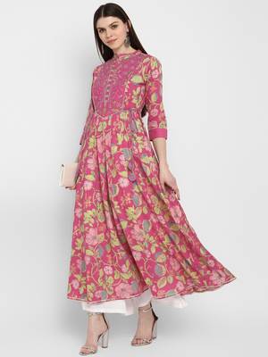 Printed & embroidered& gota patti Anarkali Cotton Coral Kurta 1