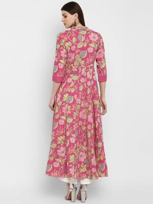 Printed & embroidered& gota patti Anarkali Cotton Coral Kurta 2