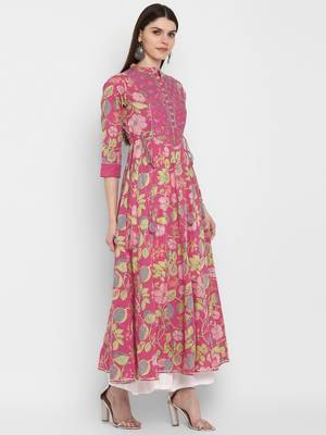 Printed & embroidered& gota patti Anarkali Cotton Coral Kurta 3