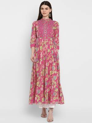 Printed & embroidered& gota patti Anarkali Cotton Coral Kurta 6