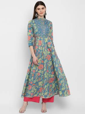 Printed & embroidered& gota patti Anarkali Cotton turquoise Kurta 1