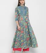 Printed & embroidered& gota patti Anarkali Cotton turquoise Kurta